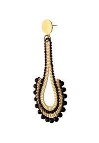 Złoto-czarne kolczyki z koralików w kształcie łezki, z fakturowanym złotym łącznikiem i zaokrąglonymi czarnymi koralikami na dole.