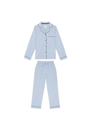 Blauw gestreepte pyjamSet met roze sterrenpatronen, met een knoopsluiting bovenstuk met zak en bijpassende broek met touwtje. Zwarte pipingaccenten.