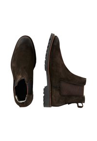 Braune Wildleder-Stiefeletten mit elastischen Seiteneinsätzen, strukturiertem Gummisohle und Schlaufe für einfaches Anziehen. Runde Zehenform und gestickte Details.