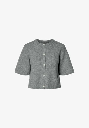 Sivi, kratki kardigan s kratkimi rokavi iz rebraste pletenine z okroglim izrezom in zapiranjem na pet gumbov, ki ima sproščen in kvadraten kroj.