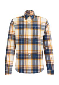 Chemise à carreaux jaune, marine, blanche et orange. Manches longues, fermeture boutonnée devant, col traditionnel, et une poche plaquée sur la poitrine gauche.