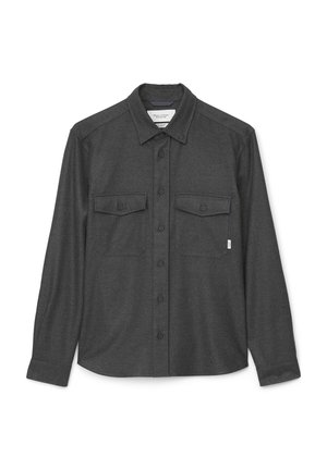 Chemise boutonnée à manches longues de couleur gris foncé en tissu texturé. Dispose d'un col, de deux poches à l'avant et d'un ourlet droit.