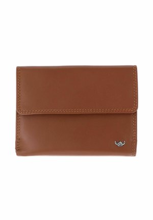 Brown leather wallet with flap closure and small silver logo on lower right corner, visible stitching along edges.