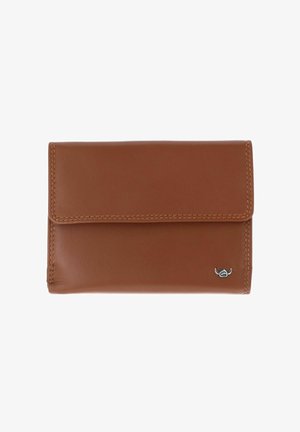 Brown leather wallet with flap closure and small silver logo on lower right corner, visible stitching along edges.