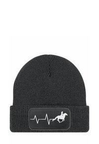 Knitted black beanie with a fold-over cuff, featuring a rectangular patch with a white heartbeat graphic and a horse silhouette.