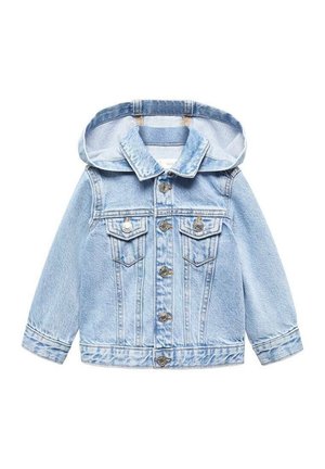 Hellblaue Jeansjacke mit Knopfleiste, zwei Brusttaschen mit Klappen, langen Ärmeln und angenähter Kapuze.