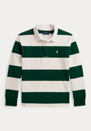 Maillot de rugby à manches longues avec larges rayures horizontales vertes et blanches et col blanc, avec un petit logo blanc brodé sur la poitrine.