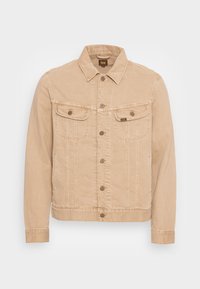 Beige farkkutakki, jossa on terävä kaulus, nappilista edessä, kaksi rintataskua ja ommeltuja yksityiskohtia saumoissa. Slim fit -muotoilu.