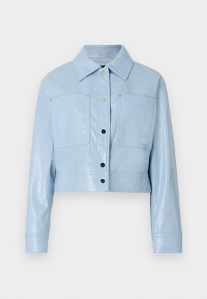 Cropped light blue faux leather jacket with a pointed collar, two chest pockets, silver snap buttons, and long sleeves with buttoned cuffs.