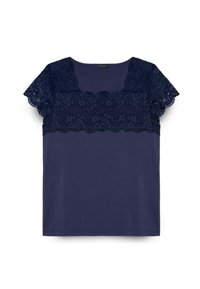 Blusa corta blu navy a maniche corte con sovrapposizione in pizzo floreale sulla parte superiore del petto e sulle maniche, scollatura quadrata e corpo in tessuto solido.