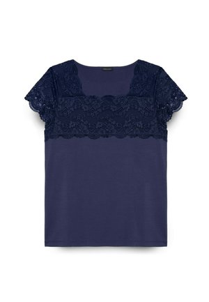 Blouse à manches courtes bleu marine avec un overlay en dentelle florale sur le haut du buste et les manches, encolure carrée et corps en tissu uni.