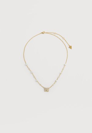 Delicate gouden kettinkje met kleine parels en een vlinderhangertje versierd met heldere kristallen. Verstelbare sluiting met een driehoekige bedel.