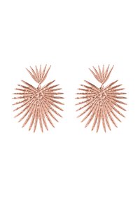 Orecchini in oro rosa con un design a forma di ventaglio, caratterizzati da spuntoni allungati e texture che si irradiano da un punto centrale.