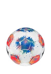 Pallone da calcio bianco con un motivo di schizzi colorati in blu, rosso e arancione. Presenta i tradizionali pannelli esagonali con superficie testurizzata.