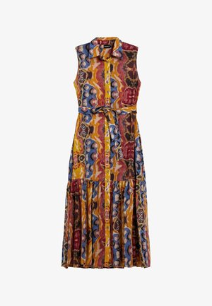 Bezrukávové midi šaty s viacfarebným vzorom v červenej, modrej a žltej farbe, s gombíkovou prednou časťou a opaskom v páse. Textúrovaná tkanina.