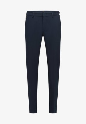 Pantalon marine à coupe slim, en tissu lisse, avec fermeture éclair et passants de ceinture. Sans motifs ni accents visibles.