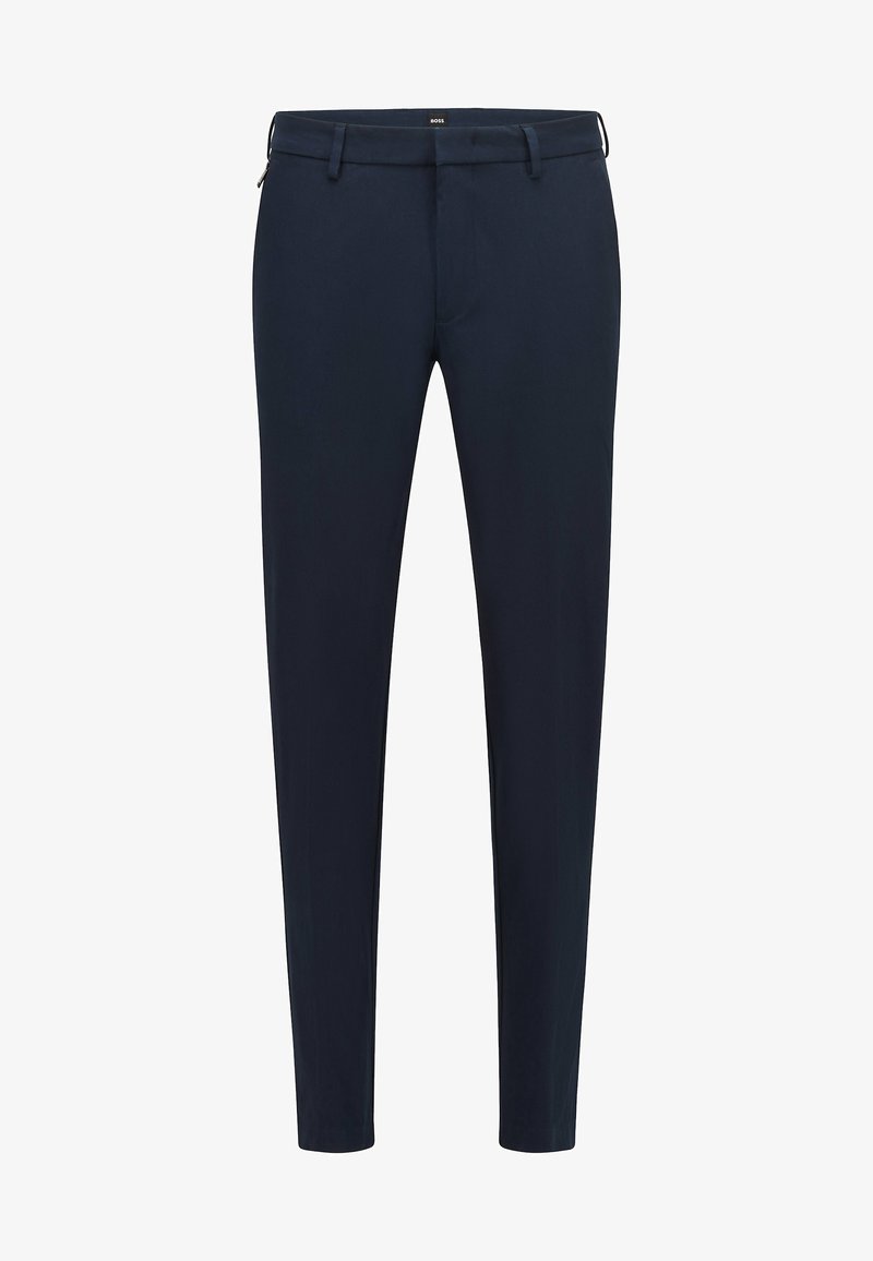 Pantalon marine à coupe slim, en tissu lisse, avec fermeture éclair et passants de ceinture. Sans motifs ni accents visibles.