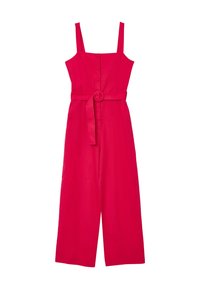 Fuchsia Jumpsuit mit Spaghettiträgern, Knopfverschluss vorne, weitem Bein und einem passenden Gürtel mit einer runden Schnalle. Glatte Stofftextur.