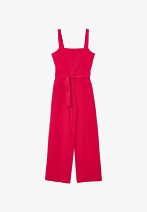 Fuchsia Jumpsuit mit Spaghettiträgern, Knopfverschluss vorne, weitem Bein und einem passenden Gürtel mit einer runden Schnalle. Glatte Stofftextur.