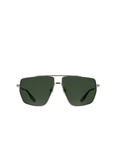 Verres rectangulaires vert foncé avec une fine monture métallique argentée et des branches noires, lunettes de soleil classiques de style aviateur.