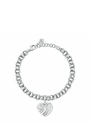 Bracciale a catena in argento con un ciondolo a forma di cuore che presenta linee ondulate e cristalli incastonati, con chiusura a moschettone.