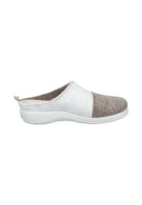 Gray and white felt clogs with a white rubber sole, featuring a slip-on design and seamless stitched accents.