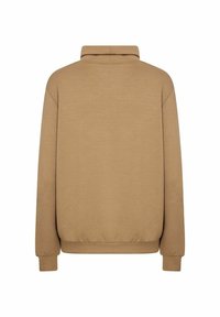Brązowa bluza z wysokim kołnierzem, długimi rękawami oraz ściągaczami na mankietach i końcu. Wykonana z miękkiej, teksturowanej tkaniny w jednolitym kolorze.