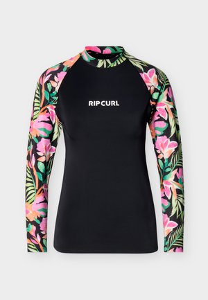 Czarna koszulka ochronna z długim rękawem, z kolorowymi tropikalnymi kwiatowymi wzorami na rękawach i kołnierzu, logo „RIP CURL” umieszczone na środku klatki piersiowej.