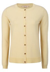 Gul långärmad cardigan i mjukt material, med rund hals, ribbade muddar och nederkant samt fem dekorativa knappar fram.