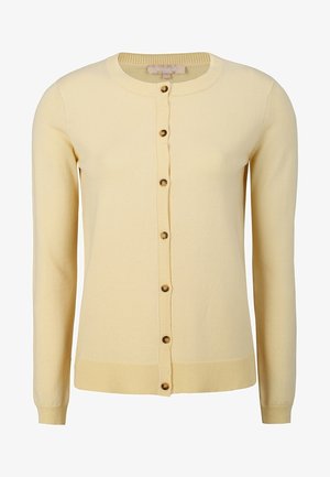 Cardigan amarillo de manga larga, hecho de material suave, con cuello redondo, puños y dobladillo acanalados, y cinco botones decorativos en la parte delantera.