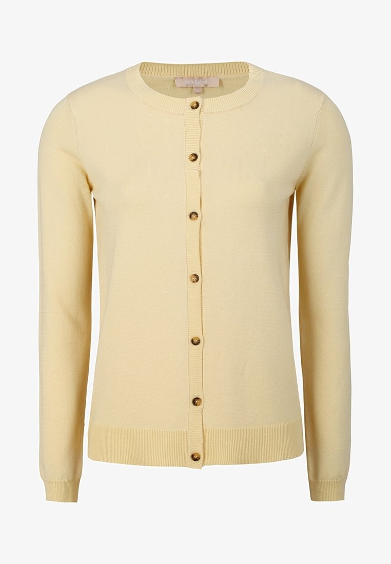 Gul långärmad cardigan i mjukt material, med rund hals, ribbade muddar och nederkant samt fem dekorativa knappar fram.