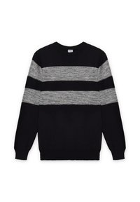 Suéter negro de punto con rayas horizontales grises y blancas. Cuenta con cuello redondo y mangas largas con puños y dobladillo acanalados.