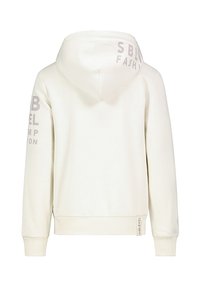 Cremefarbener Hoodie aus weichem Stoff mit lockerer Passform. Mit einer Kordelzugkapuze und bedrucktem Text auf dem Rücken und den Ärmeln.