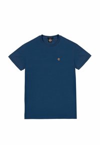 Marinblå bomullen t-shirt med kort ärm, rund hals och en liten logotyp-emblem på vänster bröstområde. Slät textur, standard passform.