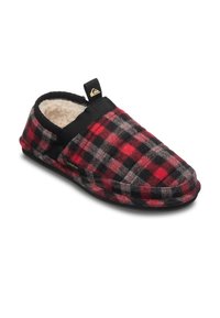 Rote und schwarze karierte Hausschuhe mit Fleece-Futter, schwarzem Besatz und schwarzer Sohle, mit einer kleinen Zuglasche an der Ferse.