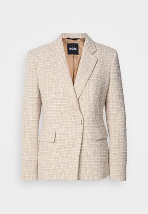 Beige blazer made of textured fabric with a woven pattern, featuring a notched lapel, two front pockets, and a satin interior lining.