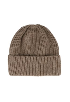 Brown ribbed knit beanie with folded cuff, made of soft, thick yarn for warmth and comfort.