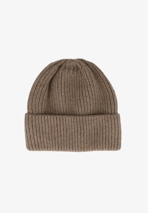 Brown ribbed knit beanie with folded cuff, made of soft, thick yarn for warmth and comfort.