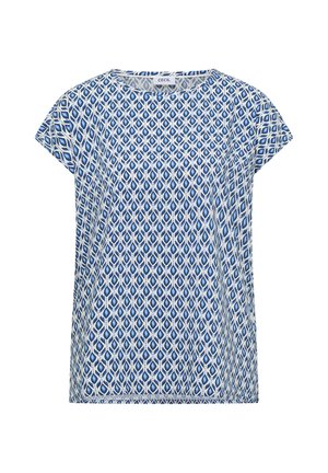 Kurzärmlige Bluse mit blau-weißem geometrischem Muster, rundem Ausschnitt und Markenetikett "Cecil" innen am Kragen.