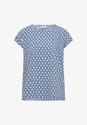 Blouse à manches courtes avec motif géométrique bleu et blanc, col rond et étiquette de marque "Cecil" à l'intérieur du col.