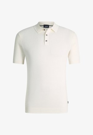 Wit kousenpolohemd met korte mouwen en een gestructureerd ruitpatroon, drieknopensluiting, geribbelde boorden en zoom, label "JOOP!" aan de binnenkant van de kraag.