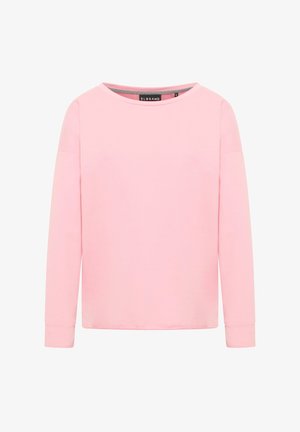 Long-sleeve pink sweatshirt made of soft cotton. Features a wide neckline and relaxed fit. Simple design with no additional patterns or accents.