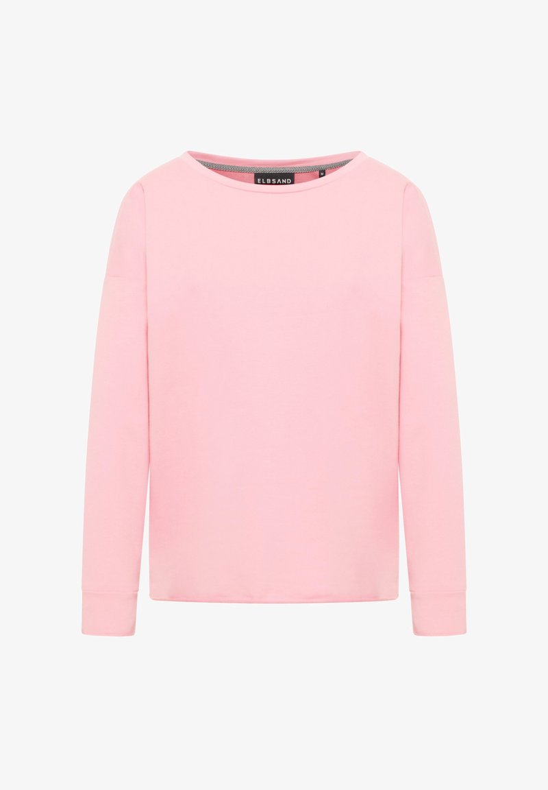 Langärmeliges, rosa Sweatshirt aus weicher Baumwolle. Verfügt über einen weiten Ausschnitt und eine lockere Passform. Schlichtes Design ohne zusätzliche Muster oder Akzente.