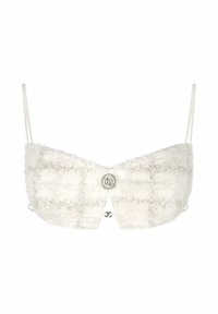 Bra bianco a taglio corto con texture morbida, caratterizzato da cuciture argento in un motivo a griglia e una chiusura decorativa a bottone circolare sul davanti.