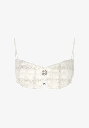 Witte cropped bh met een pluche textuur, voorzien van zilveren stiksels in een ruitpatroon en een decoratieve ronde knopen sluiting aan de voorkant.