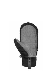Gray mitten with black fleece lining, featuring a textured surface and stretchy knit cuff. Includes a logo tab near the base.