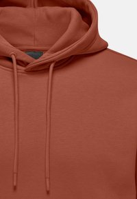 Rustkleurige hoodie met een trekkoord in de capuchon, een gladde textuur en een minimalistisch ontwerp met een subtiele stiksel-detail.