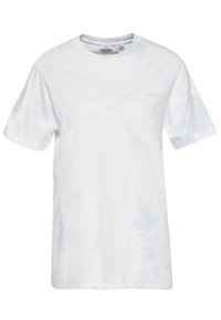 Bílý bavlněný tričko s jemným modrým tie-dye vzorem, kulatým výstřihem, krátkými rukávy a vyšívaným logem "Levi's" v světle modré.