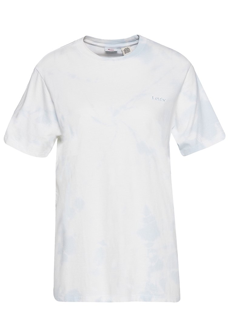 Bílý bavlněný tričko s jemným modrým tie-dye vzorem, kulatým výstřihem, krátkými rukávy a vyšívaným logem "Levi's" v světle modré.