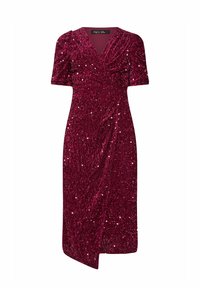 Robe en sequin bourgogne avec un design enveloppant, décolleté en V, manches courtes et une longueur jusqu'au genou. Tissu texturé avec des accents scintillants.